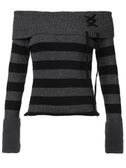 Hnewly Off Shoulder Slim Knitted Stripe Jumper Women Lace-Up Slash Neck Long Sleeve Sweater Tee Korean Fashion Street Knittwear
