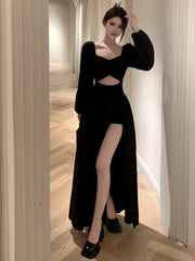Hnewly holiday dress Long Sleeve Dresses Women Clothes Gown Sexy Side-slit Solid Maxi Vestidos Mujer Chic Autumn French Streetwear Unique Design New