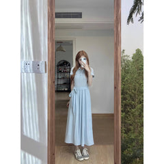 Hnewly Blue Collar Short Sleeve Midi Dress Women's A-Line Waist-Cinching Summer Soft Style Knot Front Casual Dress