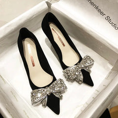 Hnewly New Fashion Bowknot Pointed Toe High Heels Pumps Women's Stiletto White Pearl Bridal Wedding Shoes Banquet Party Dress Shoes
