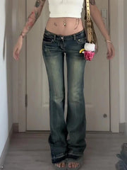 Hnewly Woman American Style Jeans Aesthetics Denim Kpop Pants Gyaru Trousers High Street Bell Pockets Bottoms Zipper Low Waist