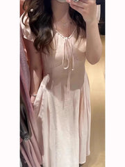 Hnewly Summer Vacation Style Pink Long V-Neck Waist-Cinched Short Sleeve Women's Dress Retro Loose Slimming A-Line Skirt