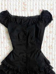 Hnewly Design Gothic Vintage Slim Dress Women's Summer Y2k Hot Girl Black Lace Dresses Female Hepburn Chic Ruffle New Short Dresses