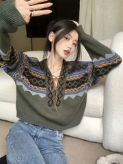Hnewly Vintage Sweaters Women Lace-up Elegant Cozy V-neck Trendy Ladies BF Style Pullovers Ulzzang Knitwear Classic High Street Autumn
