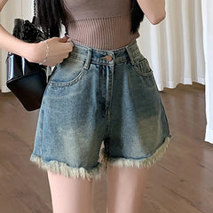 Hnewly y2k Denim Shorts Women Summer High Waist Wide Leg Loose Fit Tassel Jean Shorts with Pockets 2000s Hot Pants Streetwear