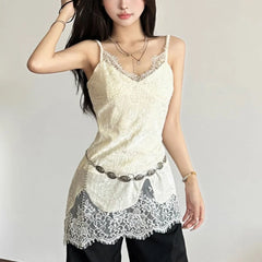 Hnewly y2k Tops Women Coquette Clothing Solid Color V Neck Lace Patchwork Spaghetti Strap Sleeveless Camisole Vest Streetwear