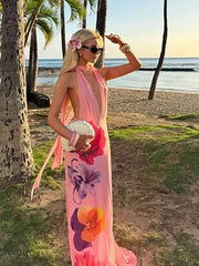 Hnewly Flower Print Dress Women Backless Sleeveless Lace-Up Tassel Halter Folds Patchwork Beach Vacation Party Vestidos