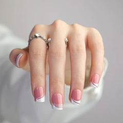 Lunivop 24pcs French White Nails Acrylic Press on With Design Short Square False Nails with Charms Stripe Simple Nail Tips Wholesale