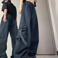 Hnewly American Drawstring Hiphop Cargo Pants Women Loose Lazy Jazz Dance Big Pocket Trousers High Waist Solid Streetwear Wide Leg Pant