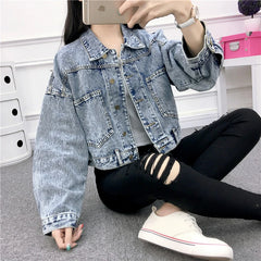 Hnewly Jean Jacket for Women Spring Autumn New Korean Bat Sleeved Short Top Loose BF Style Student Fashion Turn-down Collar Denim Coat