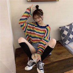 Hnewly Rainbow Ladies Sweater Kawaii Tops with Headings Harajuku Crochet Knitted Sweaters for Women Cute Cashmere Autumn Trend New