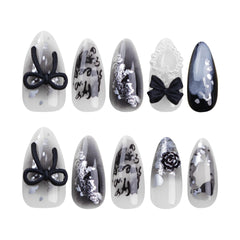 Hnewly 24Pcs Elegant Black Almond Press-On Nail With Pearl Heart&Bow Accents-Glossy Finish Short Length Removable False Nails For Women