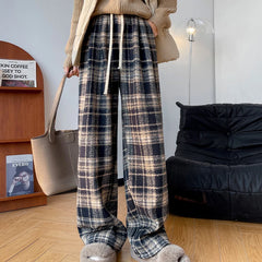 Hnewly Harajuku Thicken Plaid Pants for Women Autumn Winter Fleece Wide Leg Trousers Woman Baggy Drawstring High Waist Pants Ladies