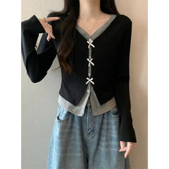 Hnewly Bow Button Knit Top Fake Two-piece V-Neck Crop Long Sleeve T-Shirt for Women Teen-girl Autumn Winter Y2K 90s Outfit