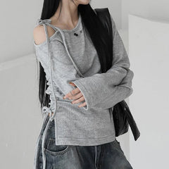 Hnewly Asymmetrical Off-shoulder Crop Top Grey Bandage Drawstring Long Sleeve Knitted T Shirts Korean Fashion Casual Tees Women