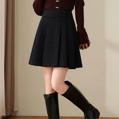 Hnewly Preppy Style Pleated Wool Skirt Women Elegant Grey Sweet Mini Skirts Vintage Solid A-line Casual Autumn Short Skirts