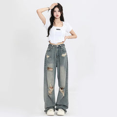 Hnewly American Retro Hole-punched Jeans Women High Waist Straight-crotch Loose Slim Design High-street Vibe Wide-legged Dragging Pants