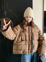 Hnewly Warm Vintage Plaid Parkas Women Loose Long Sleeve Winter Thick Cotton Coat Korean Casual Pockets Cute Sweet Jacket Tops New