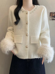 Hnewly Elegant Pearls Sweet Cardigan Women Vintage O Neck Faux Mink Cashmere Knitted Sweaters Korean Casual Long Sleeve Loose Tops