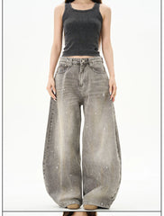 Hnewly American Vintage Splatter Paint Gray Baggy Jeans for Women High Waisted Wide Leg Y2k Loose Streetwear Jean Denim Pants