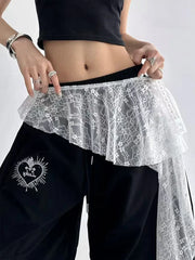 Hnewly Korean Irregular Lace Women Mini Skirts Y2K High Waist Lace Up Embroidered Flower Split Skirts Fashion Streetwear Ruffles Skirts