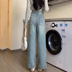 Hnewly Vintage High Waist Straight Jeans Women Autumn Pockets Wide Leg Pants Woman Korean Streetwear Slimming Denim Trousers Mujer