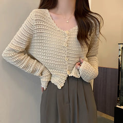 Hnewly Women Button Up Short Cardigan Knitted Shirt Hollow Out Crochet Crop Top Long Sleeved Thin Cover Up Teen-girl Casual Outfit
