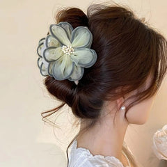 Hnewly 1Pc Elegant Mesh Flower Hair Claw With Faux Pearls Large Clutcher Hair Clip Vintage Sweet Hair Accessory For Women Daily Wear