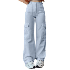 Hnewly Ladies' Loose Casual Mid Waist Multi-Pocket Solid Color Work Pants Fashionable Harajuku Style Straight Trousers
