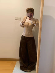Hnewly Harajuku Sexy Knitted Two Pieces Cropped Single Breasted Cardigan + Drawstring Bodycon Strapless Vest Autumn Y2k Aesthetic Suit