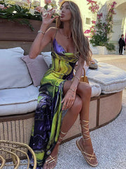 Hnewly Sexy Y2K Clothes Tie Dye Print Backless Side Slit Bodycon Maxi Dress For Women Outfits Club Party