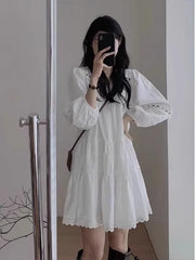 Hnewly New Ethnic Style Hollow out Long Sleeve Dress Summer Fashion Loose A-Line Skirt Women's Clothing Casual Breathable