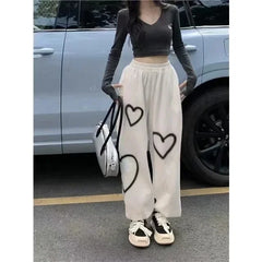 Hnewly White Heart Leggings Sports Pants for Women Autumn New Loose Bf Lazy Casual Pants Simple Sport Pants