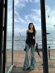 Hnewly Summer Chiffon Floral Blouse Women Casual Y2k Crop Tops Beach Style Korean Fashion Clothing Chic Tank Tops Vest Female Shirts