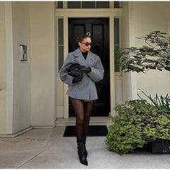 Hnewly Gray Double Breasted Woolen Jacket Women Long Sleeve Loose Lapel Solid Jackets Autumn Fashion Street Outwear Lady