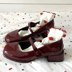 Hnewly Retro Red Mary Jane Shoes Women Thick Heels Ankle Buckle Lolita Shoes Woman Student French Square heel shallow mouth single shoe