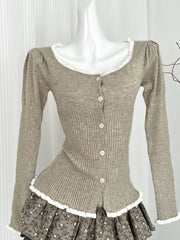 Hnewly Spring Woman Korean Fashion Long Sleeve Cardigan Tops 90s Vintage Sweaters Mori Girl Square Collar Lace Spliced Knitwears