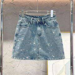 Hnewly Bling Denim Skirt For Women's Summer New A-Line Fashion Diamond High Waist Skirt Versatile Korean Casual Short Skirt