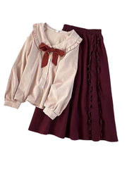 Hnewly spring birthday outfit Korean Girl Kawaii Suits Peter Pan Collar Tie Fashion Shirt High Waist + Slim Double Fungus Edge Retro Skirt Elegant Set