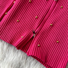 Hnewly Beading Knitted Striped Zippered Sweater Cardigan Women's Spring Autumn O-Neck Top New Loose Harajuku Long Sleeved Outwear