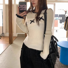 Hnewly Korean Style Elegant Sweaters Sweet Vintage Long Sleeve Knitted Pullover Autumn Winter Patchwork Sweaters Aesthetics