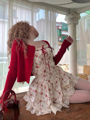 Hnewly DRESS TO IMPRESS 2024 New Sweet Floral Dress Set Woman Casual Red Short Cardigan Elegant Lace Y2k Mini Dress Beach Korean Fashion Clothing Suit