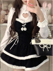 Hnewly Winter Sweet Y2k 2 Piece Dress Set Women Hollow Out Knitted Tops + Kawaii Mini Dress Female Korean Fashion Lolita Cute Suit 2024
