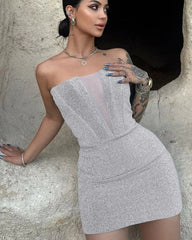 Hnewly Shine Women Elegant Strapless Solid Patchwork Sexy Bodycon Mini Prom Dress Winter New Clothes Party Club Christmas