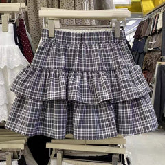 Hnewly Retro Plaid Skirt for Women Summer High Waist Preppy Female Cake Skirts Y2K Korean Sweet Ladies Ballet Pleated Skirts New