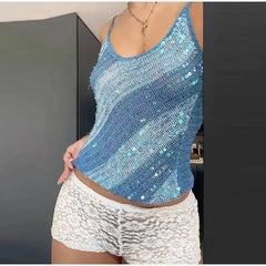 Hnewly Sexy Knit Sequined Hollow Out Halter Tops Slim Patchwork Sleeveless Backless Female Vest Summer Lady Beach Y2k Shiny Tops