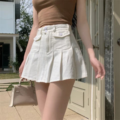 Hnewly Spicy Girl White Denim Skirt Chic High Waist A-line Ultra Short Skirts Women's 2024 Summer New Cool High Street Pleated Skirt