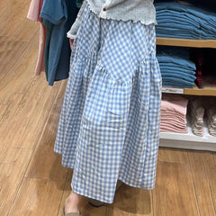 Hnewly Korean Checkered A Line Skirt Women High Waisted Patchwork Tiered Skirt Woman All Match Loose Pleated Midi Skirts Feamle
