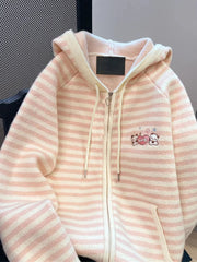 Hnewly Pink Striped Sweet Cardigan Women Cute Cartoon Long Sleeve Knitted Sweaters Vintage Kawaii Preppy Style Japan Pockets Tops Coats