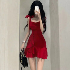Hnewly Summer New Style Pure Lust Hot Girl Red Suspender Dress Female Design Niche Temperament Waist Slimming Short Skirt